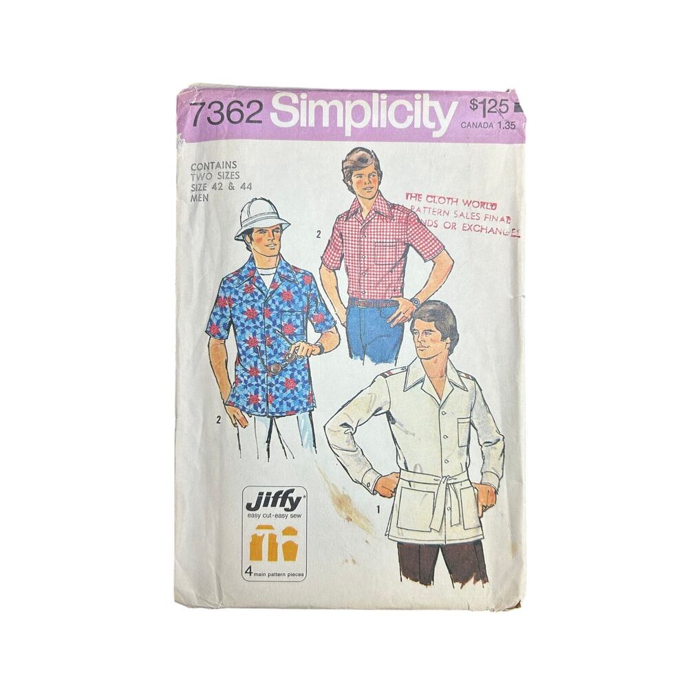 Vtg  Sewing Pattern- Teens Boy Mens Shirt Sz 42/44- Simplicity- Uncut 7362- 70s